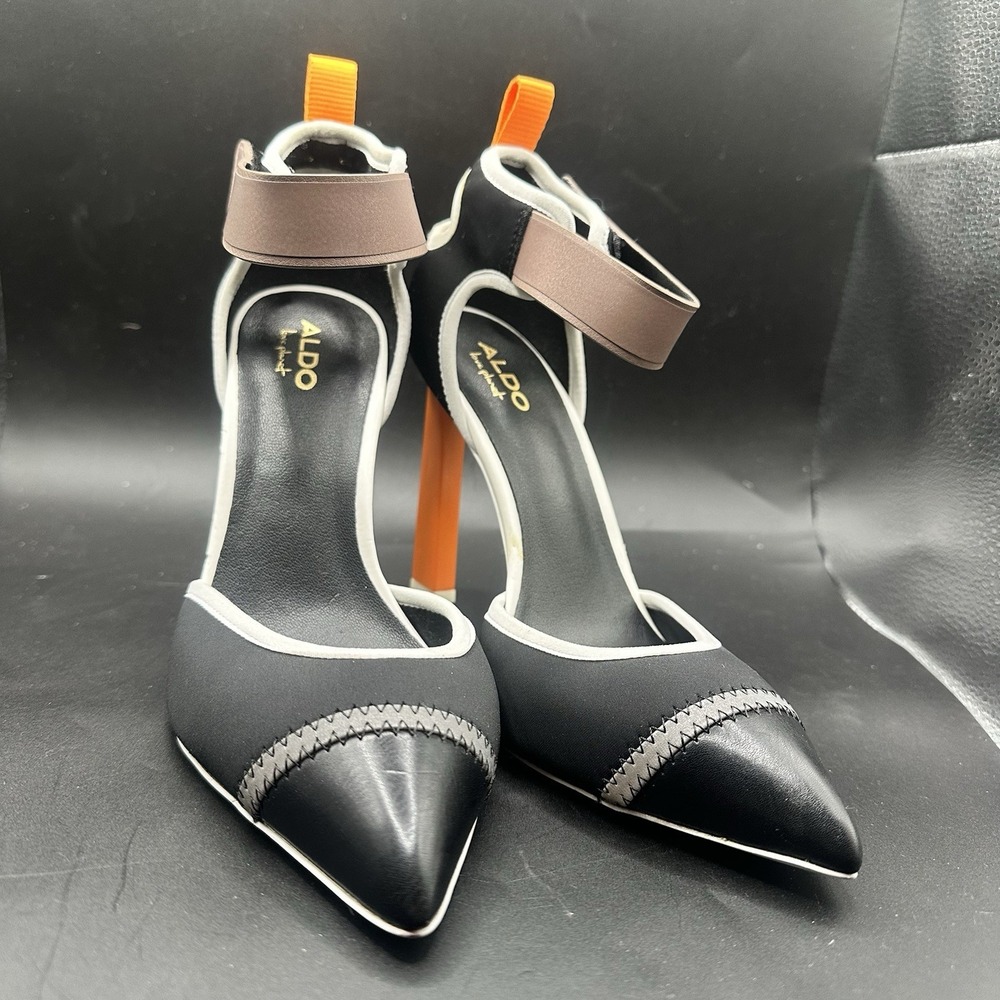 ALDO Chrissy Ankle Strap Pointed Toe Neoprene Pump Black Orange Sporty Sexy 7.5
